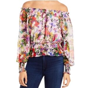 Aqua Off Shoulder  Lilac Multicolor Garden Floral Longsleeve Cropped Blouse